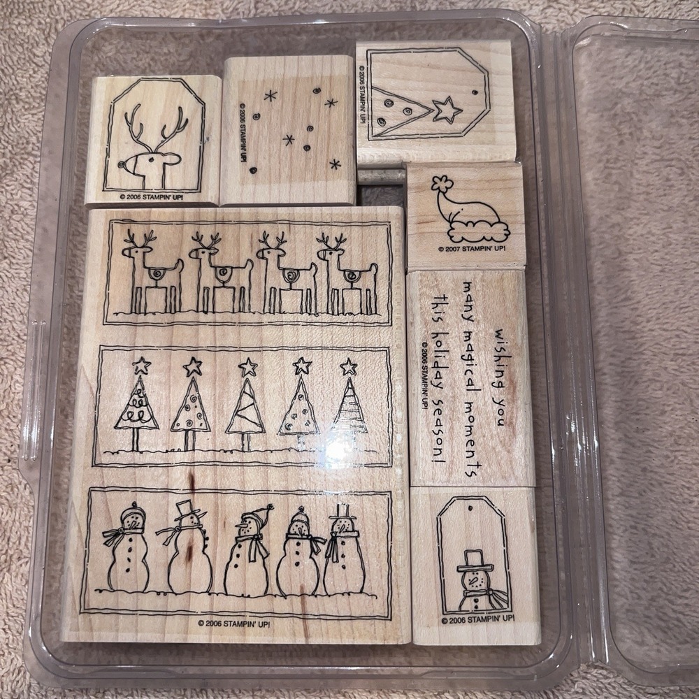 Stampin' Up - Christmas Set of 9 Wood Mounted, Snowman, Trees, Reindeer, Tags